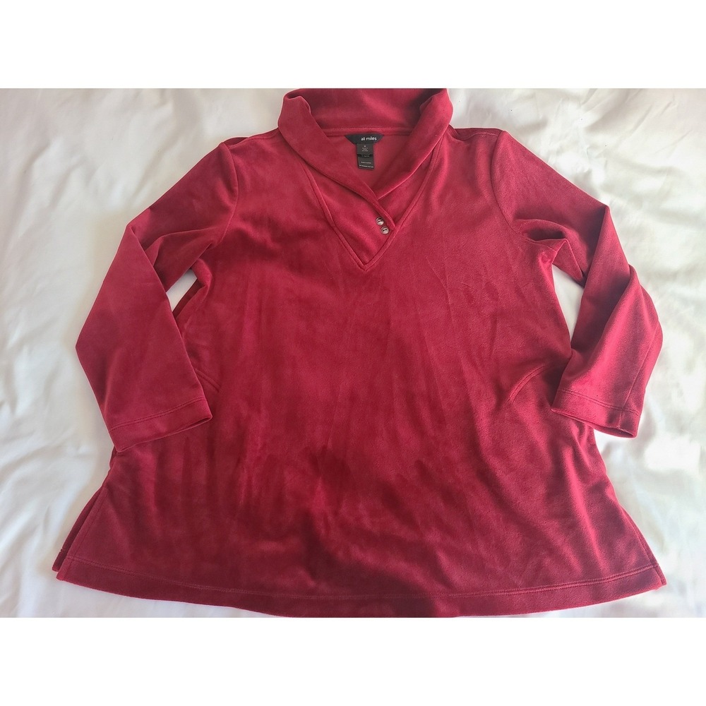 Ali Miles Red Velour Shawl Collar Tunic Top Womens Medium Pockets Long Sleeve